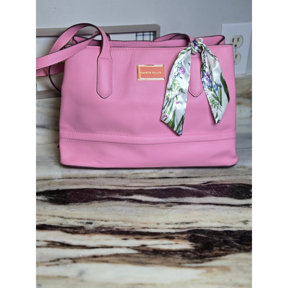Nanette Lepore Pink Pebbled Vegan Leather Tote Bag with Floral Scarf Barbiecore
